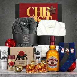 Luxury Robe and Chivas Christmas Hamper featuring Chivas Regal 12 Year Old whisky, a grey and white bath robe, Christmas socks and grooming set.