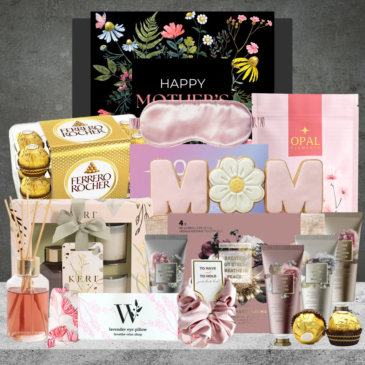 Mother's Day Pamper Gift Basket from Hampers Galore featuring biscuits, cookies and pampering essentials