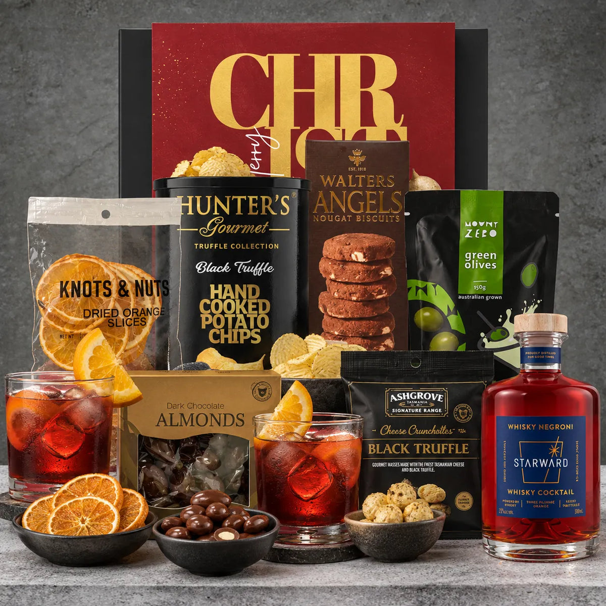 Negroni Christmas Cocktail Hamper from Hampers Galore featuring Starward Whisky Negroni and gourmet treats