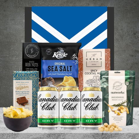 NRL gift hamper featuring Canadian Club whisky and chocolates