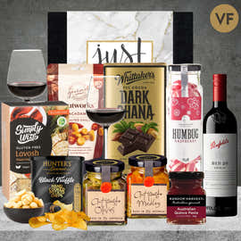 Penfolds Bin Vegan Wine & Snacks hamper featuring wine and vegan gourmet treats