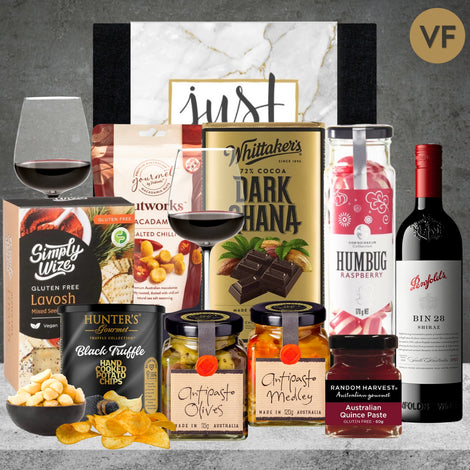 Penfolds Bin Vegan Wine & Snacks hamper featuring wine and vegan gourmet treats