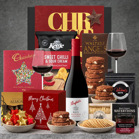 Penfolds Max's Pinot Noir Christmas hamper with festive chocolates, cinnamon almonds, sweet chilli chips, pepper crackerthins and dark chocolate almonds