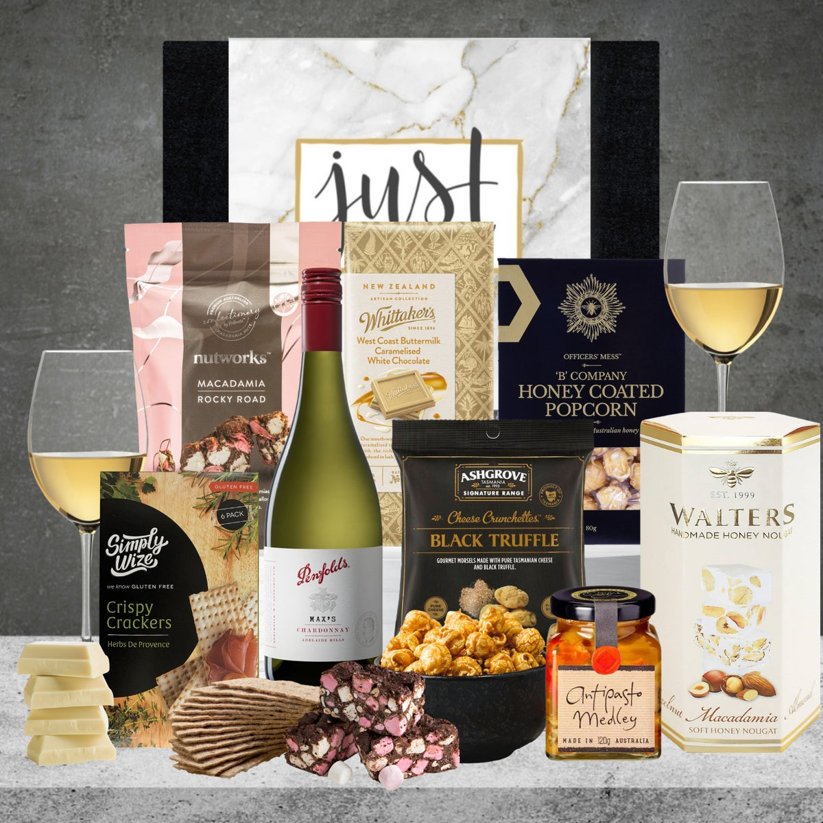 Penfolds White Wine Hamper from Hampers Galore featuring white wine and chocolates
