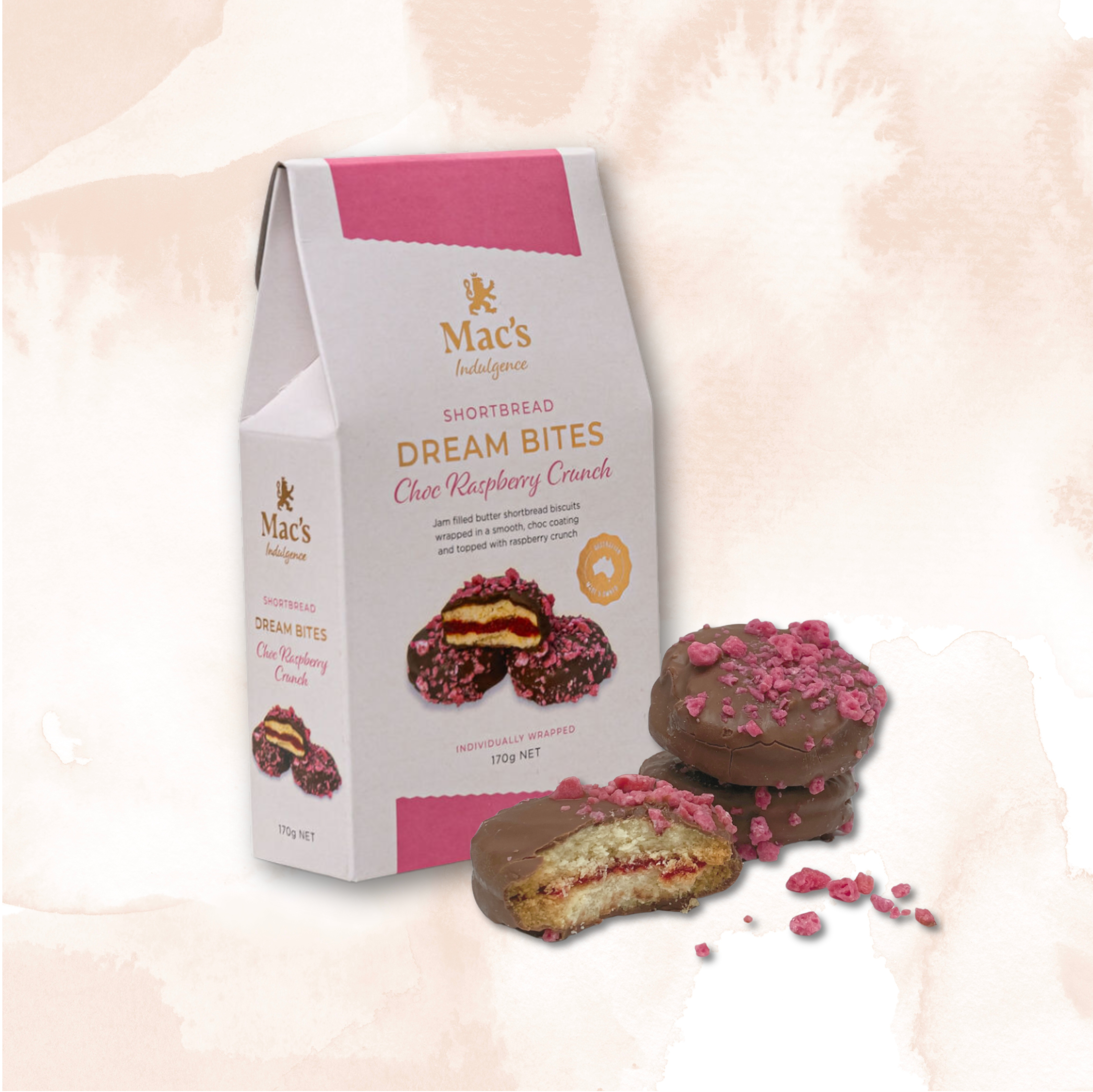 Pretty in Pink Sparkling Christmas Hamper Mac's Indulgence shortbread dream bites choc raspberry crunch 170g