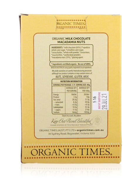 Organic Times Milk Chocolate Macadamia Nuts 150g - view 2