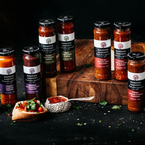Random Harvest Mini Me BBQ Set Roasted Capsicum Mustard 60g Tomato Basil Mango Chutney 60g Garlic Sundried Tomato Mustard 60g