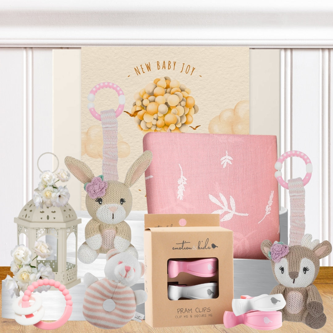 Rattles for Baby Girl Hamper featuring baby rattles and essentials