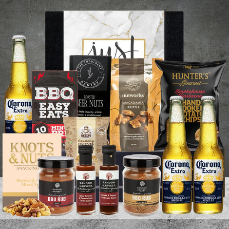 The Aussie BBQ & Beer Hamper featuring refreshing beer and BBQ-inspired treats