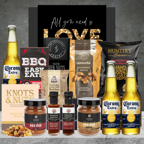 The Aussie BBQ & Beer Valentines Hamper featuring refreshing beer and BBQ-inspired treats