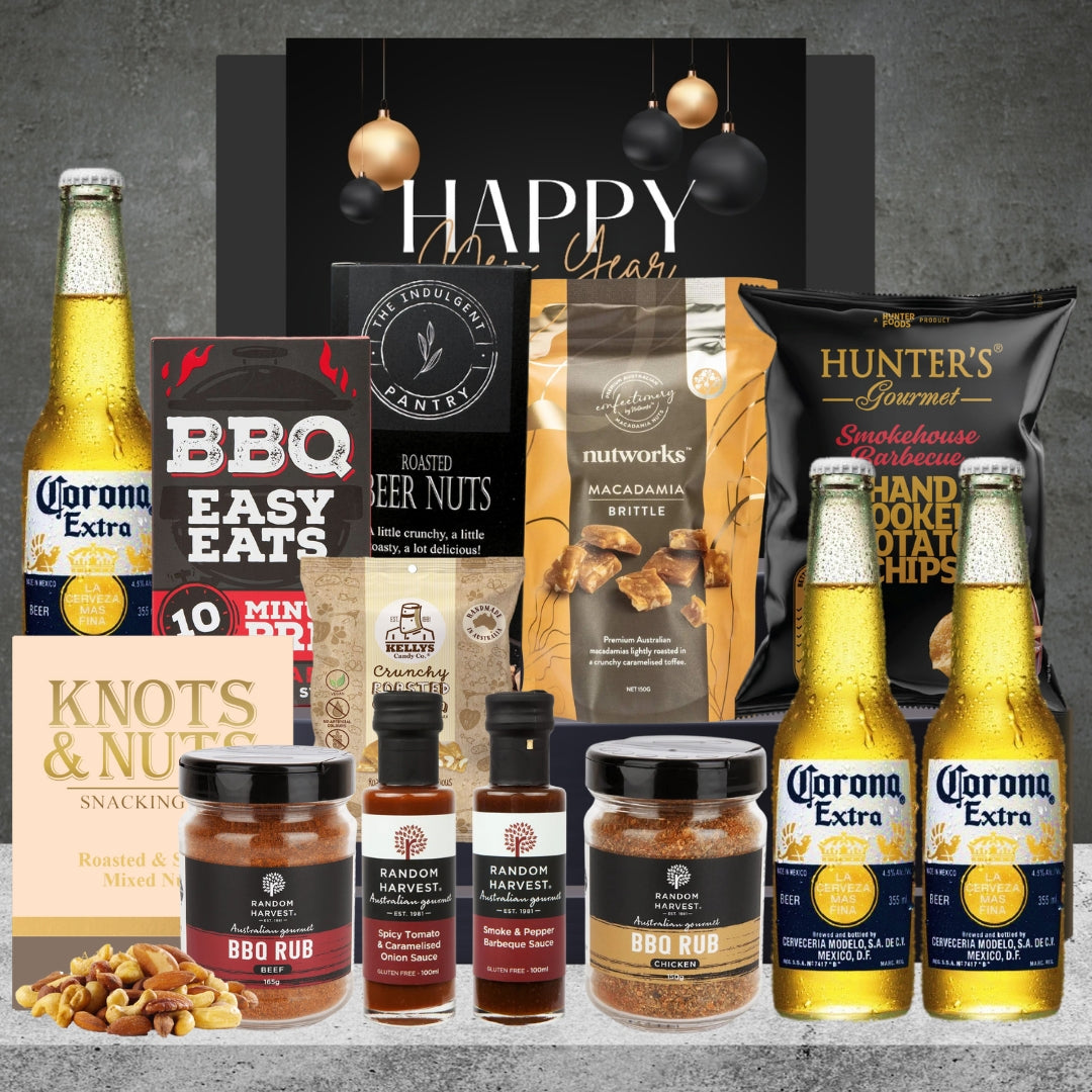 The Aussie New Year BBQ & Beer Hamper from Hampers Galore, a festive New Year gift