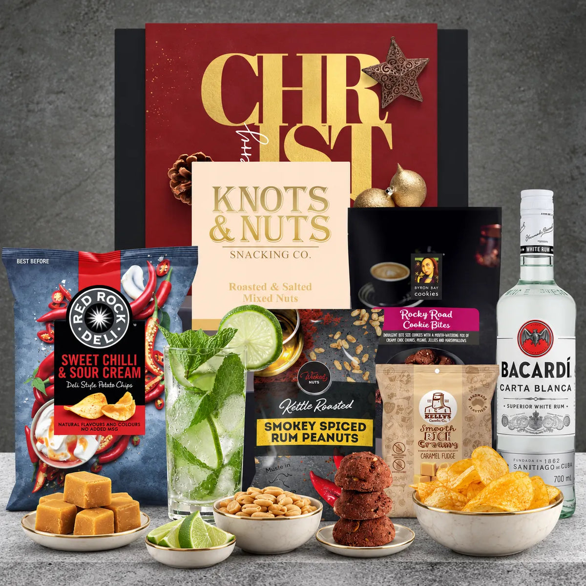 The Best Christmas Rum Hamper from Hampers Galore featuring Bacardi rum, gourmet snacks and sweet treats