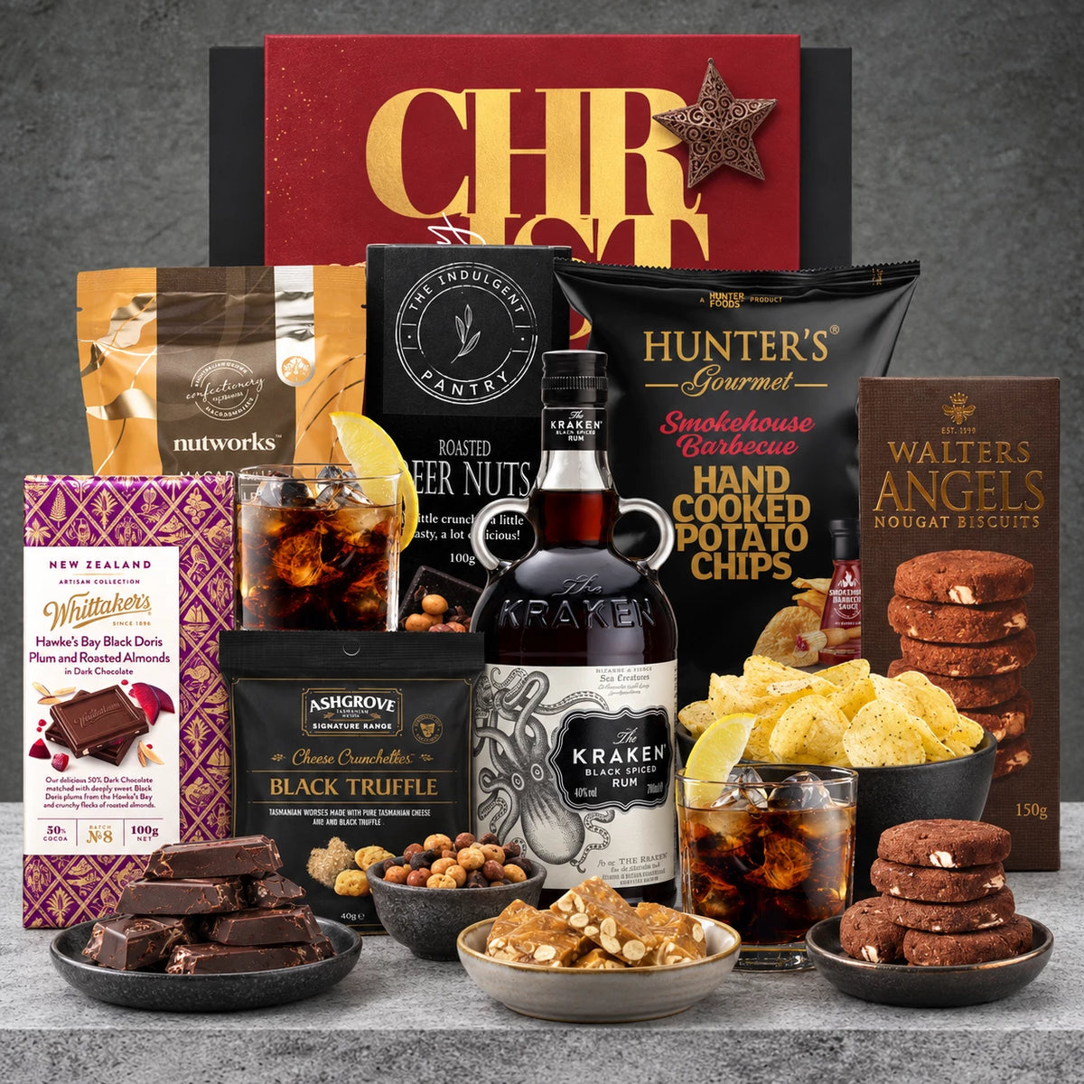 The Festive Kraken Spiced Rum Hamper from Hampers Galore featuring Kraken rum and gourmet treats