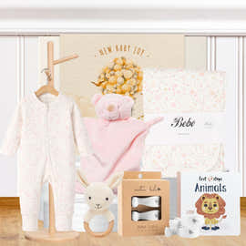 Welcome Baby Girl Hamper with organic baby clothes and newborn gifts