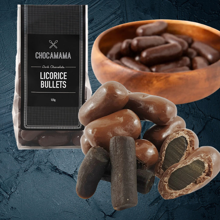 Chocamamma Dark Chocolate Licorice Bullets 125g